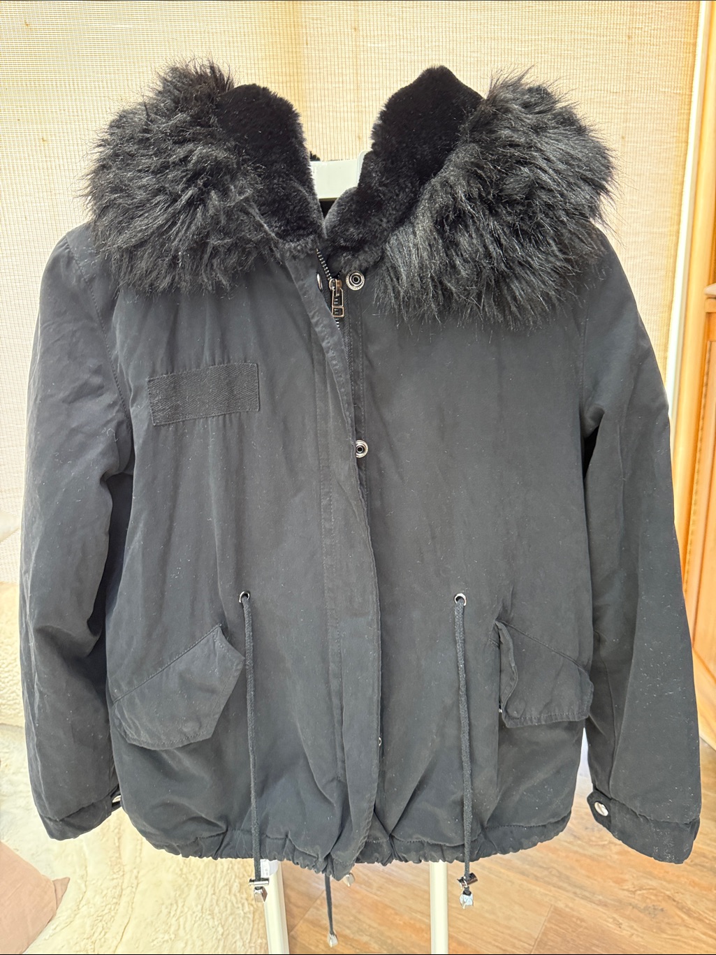 Zara Black Bomber Jacket With Faux Fur Collar